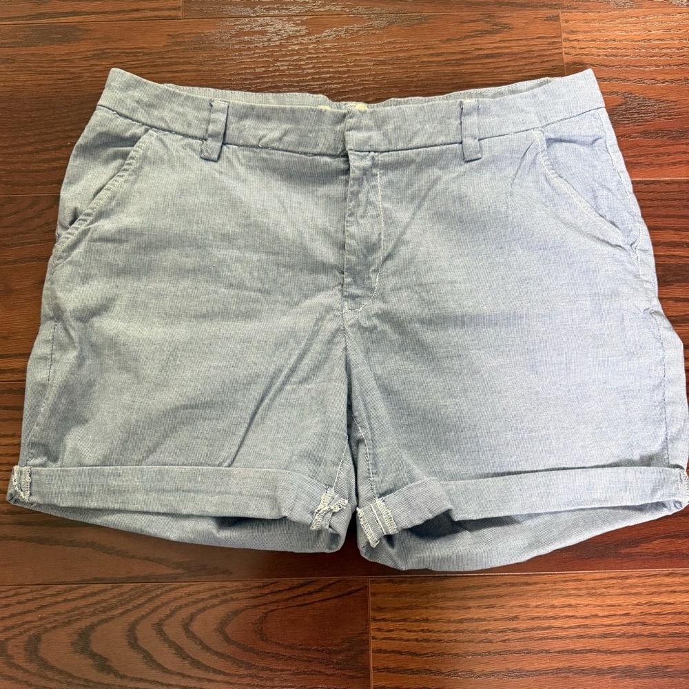 H&M L.O.G.G Women’s Mid-rise Cuffed Bermuda Shorts, Blue & White Pin Stripe